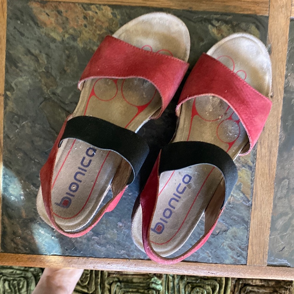 Gently worn, red & black wedges,comfortable & stylish